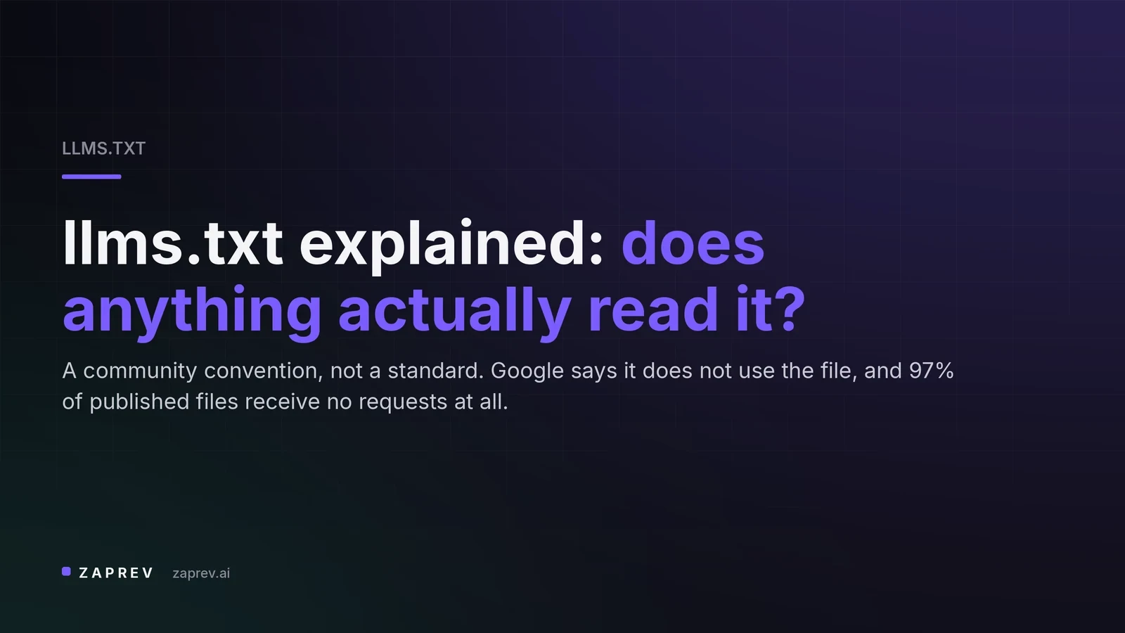 Cover image for a Zaprev guide to llms.txt, asking whether any AI system actually reads the file