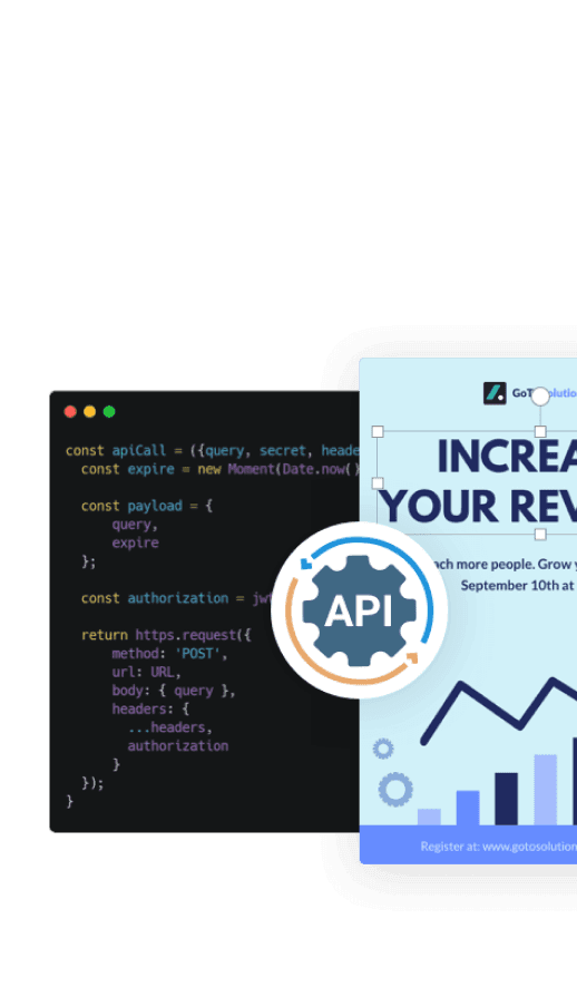 API integration feature for automating banner production workflows with code-based design generation and asset management.