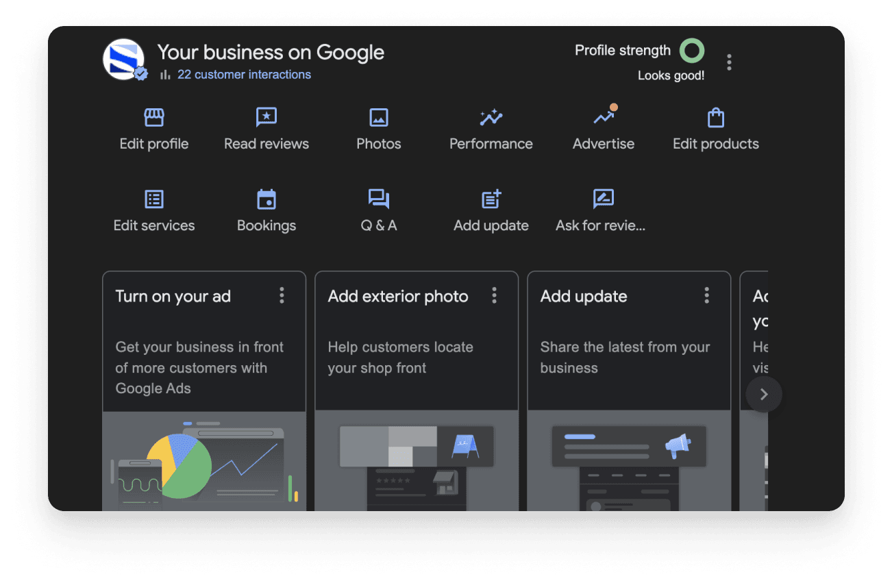 Google My Business dashboard for a Beverley web design company to manage info, add photos, and optimize for local SEO visibility.