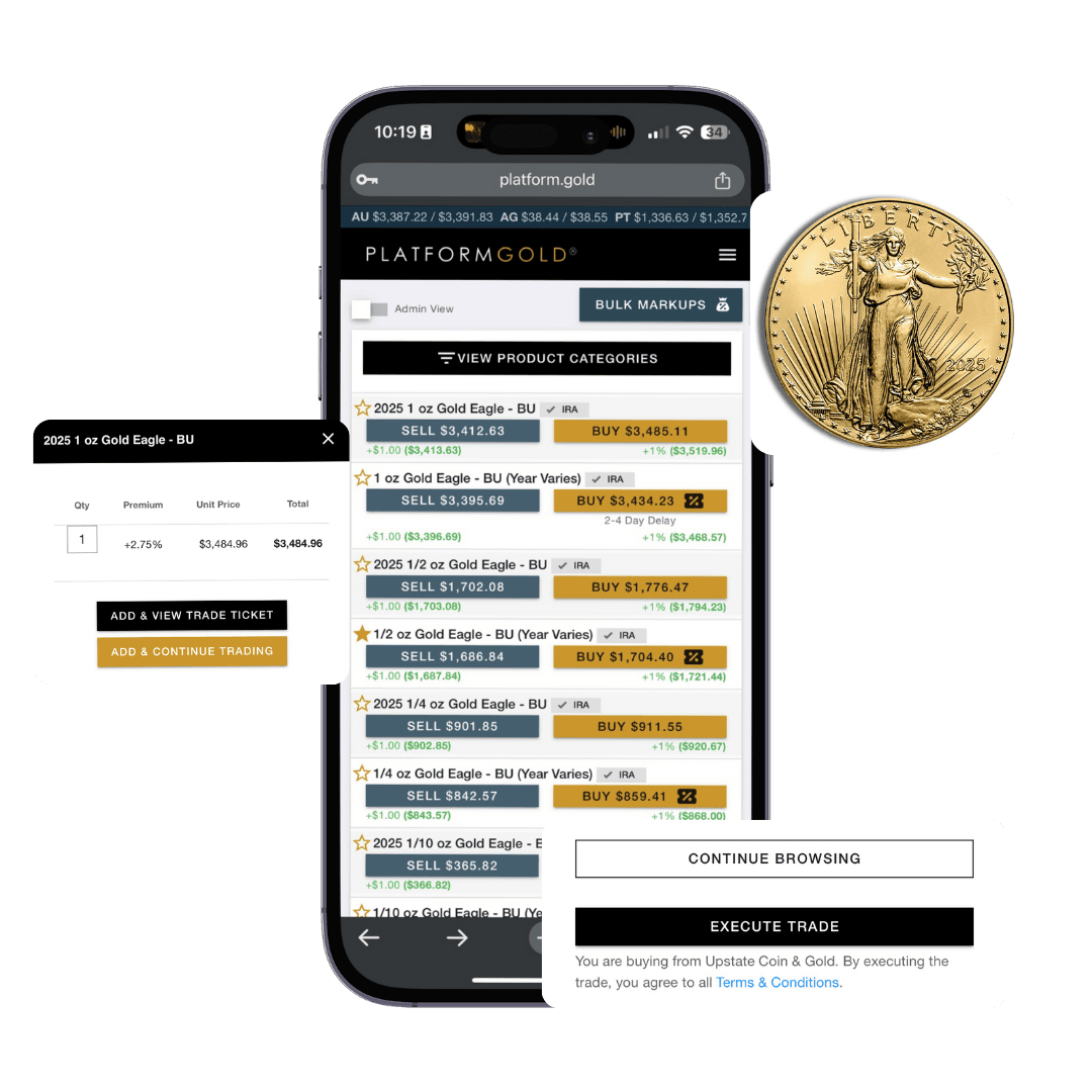 Mobile phone mockup showing a live bullion trading dashboard with buy and sell spreads for gold and silver coins.