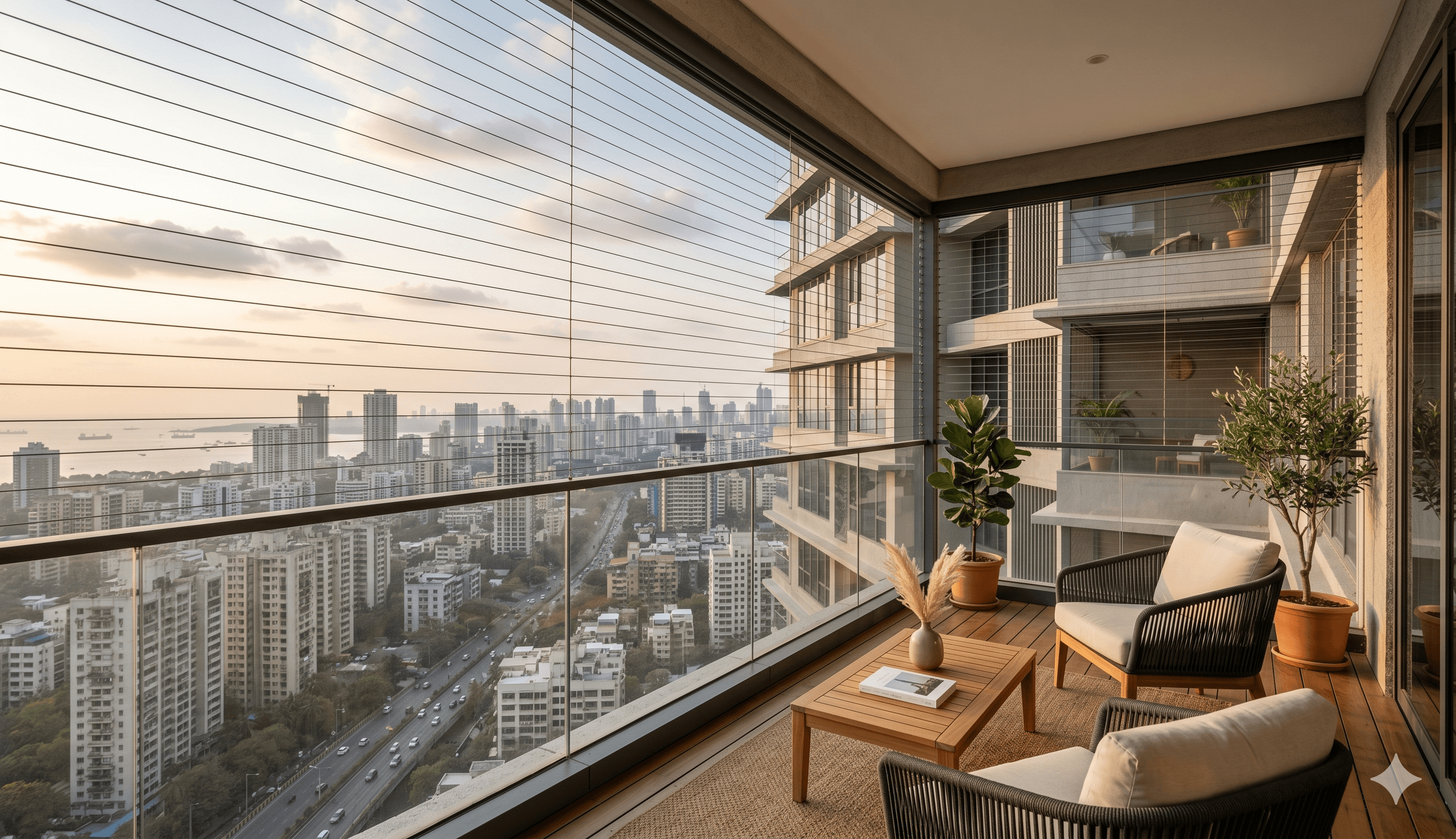 High-rise apartment balcony with invisible grill system offering child safety without obstructing city skyline view
