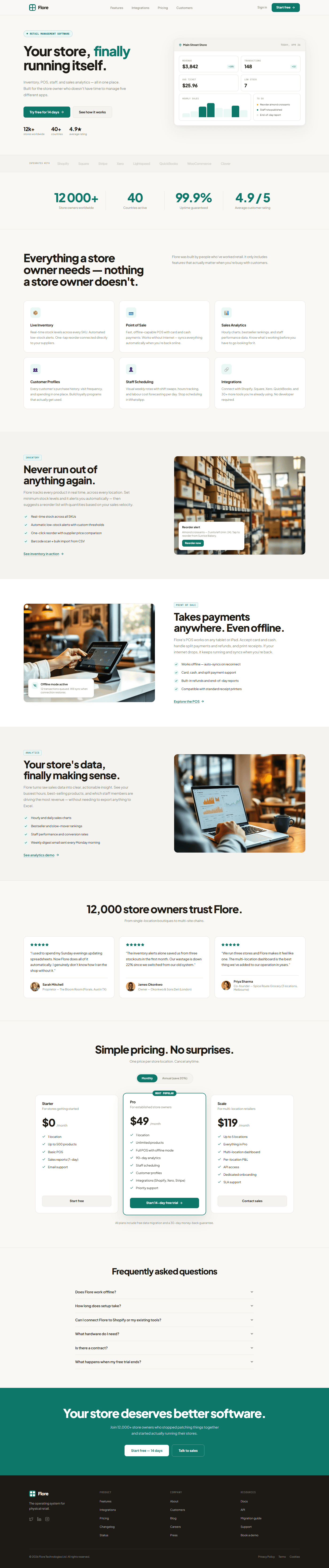 Retail SaaS website prompt full preview — warm off-white background, Plus Jakarta Sans headline "Your store, finally running itself." with deep teal accent, split hero layout with animated dashboard card showing KPI tiles and hourly bar chart, and six-card feature grid below