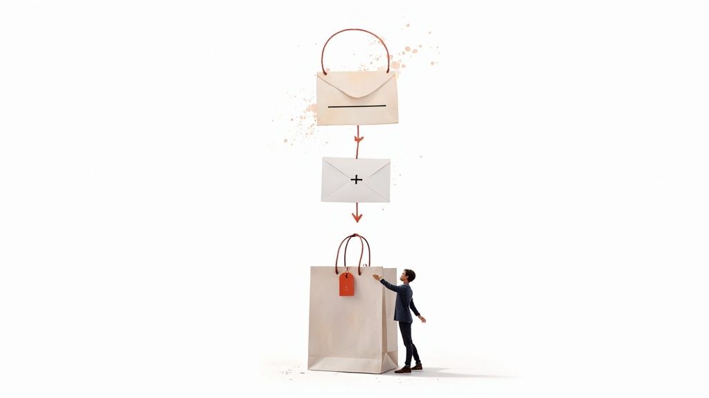 A diagram shows envelopes with symbols, connected by arrows, leading to a shopping bag and a person.