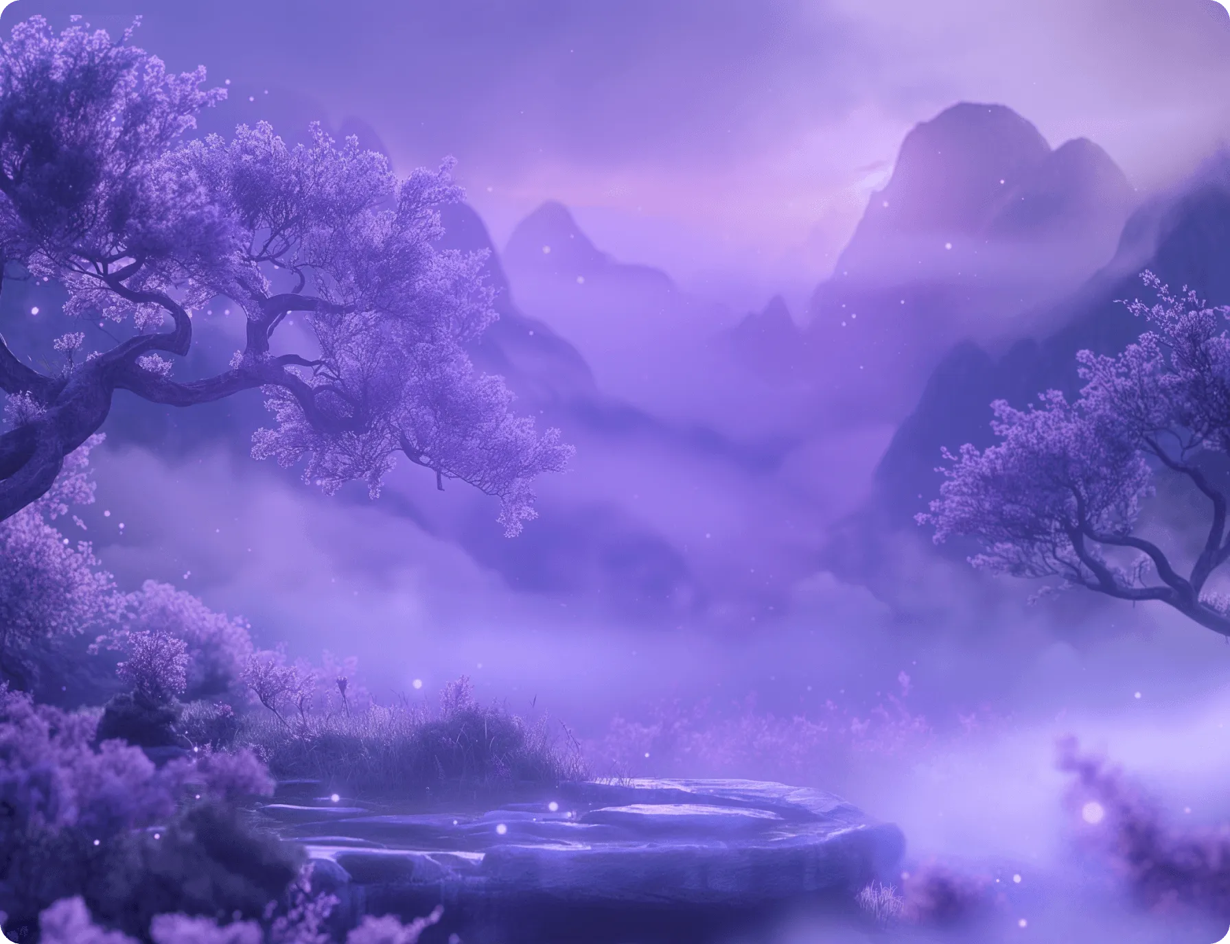Purple misty landscape with soft glowing flowers and distant mountains at sunrise.