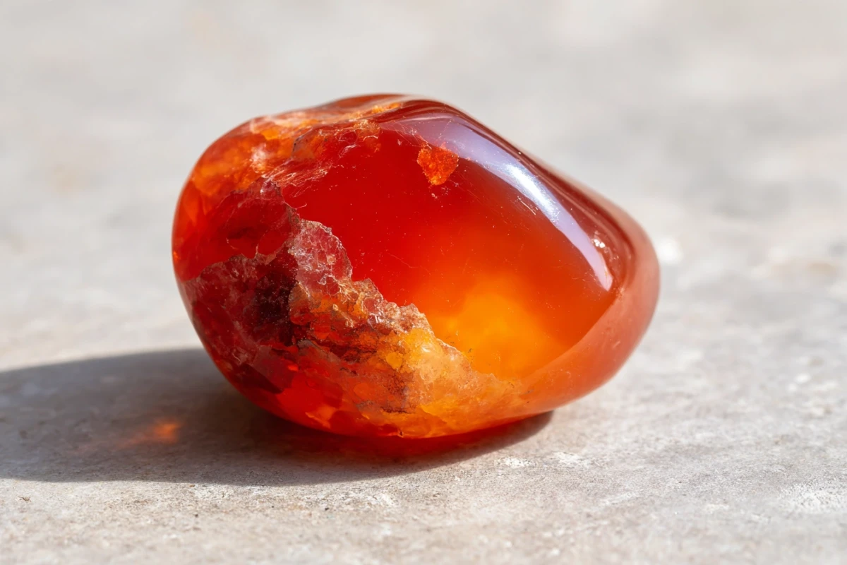 Polished carnelian stone in natural light showing warm orange-red tones
