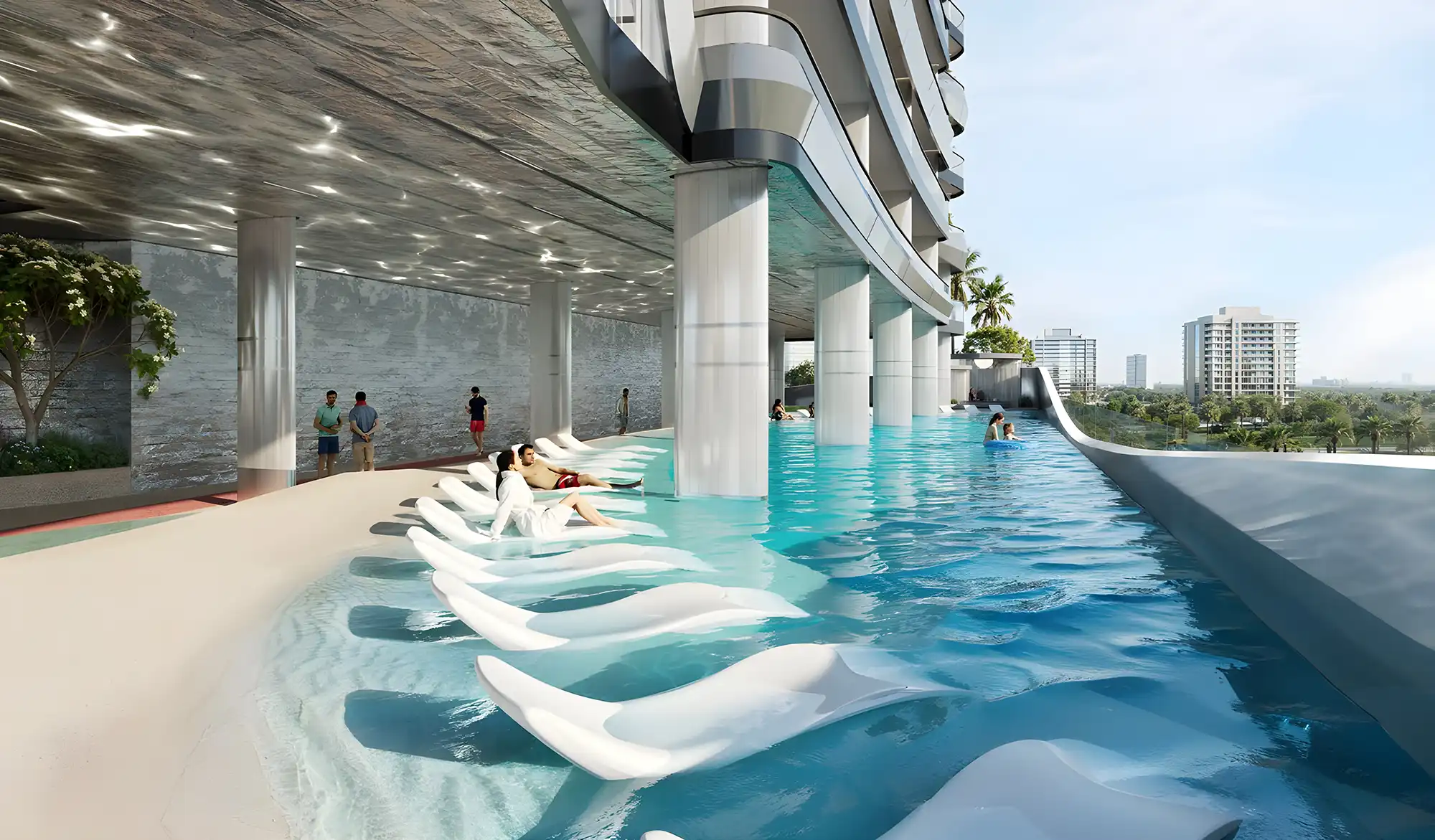 A spacious pool featuring a large glass wall, part of the Hadley Heights 2 complex, highlighting contemporary architecture.