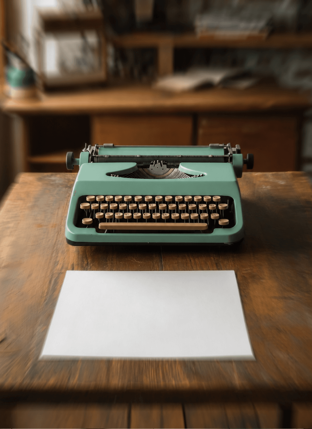 Close-up of a retro typewriter and a clean sheet of paper on a wooden workspace, symbolizing the craft of professional copywriting.