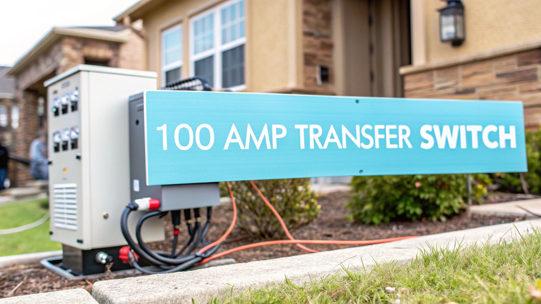 a transfer switch on a sidewalk in front of a home