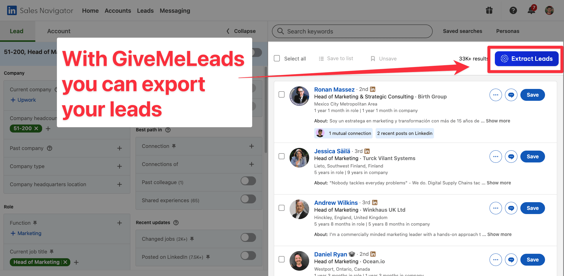 Extract leads button on LinkedIn Sales Navigator