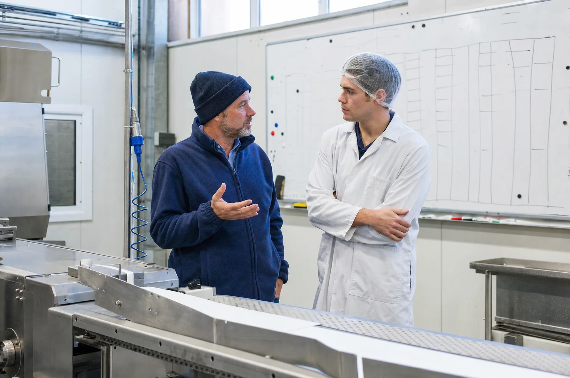 A supervisor and a line worker talking beside a production line