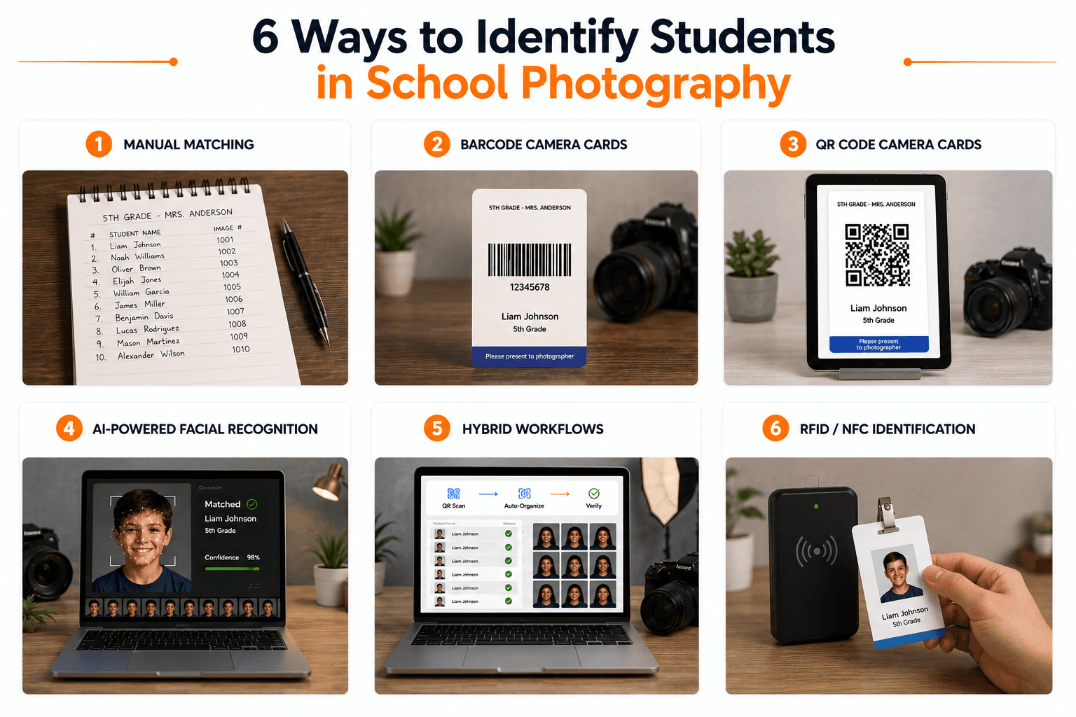 Illustration showing multiple student identification methods used in school photography, including barcode cards, QR code camera cards, facial recognition, RFID technology, and paperless digital workflows.