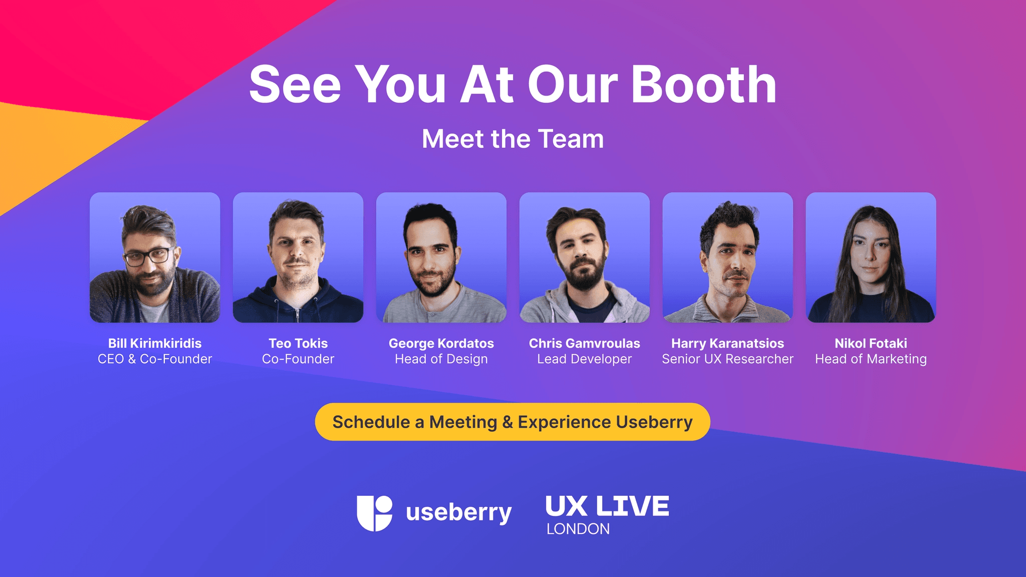 a banner showing the attendees of the UX Live 2024 event from the Useberry team that are going to London.