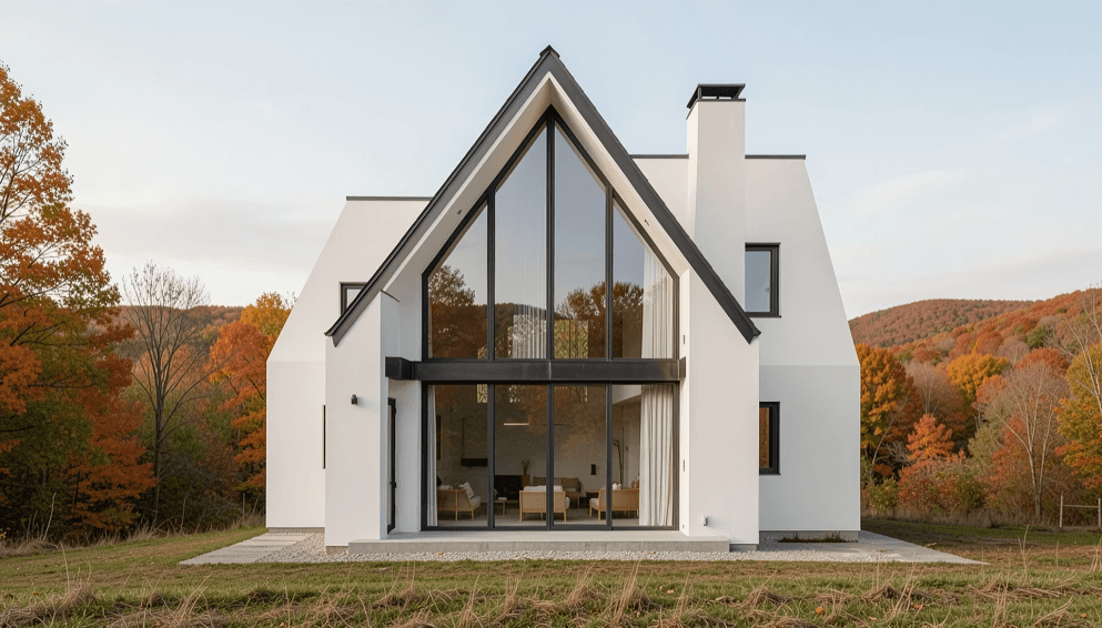 A modern white house featuring a large glass door, showcasing contemporary architectural design.