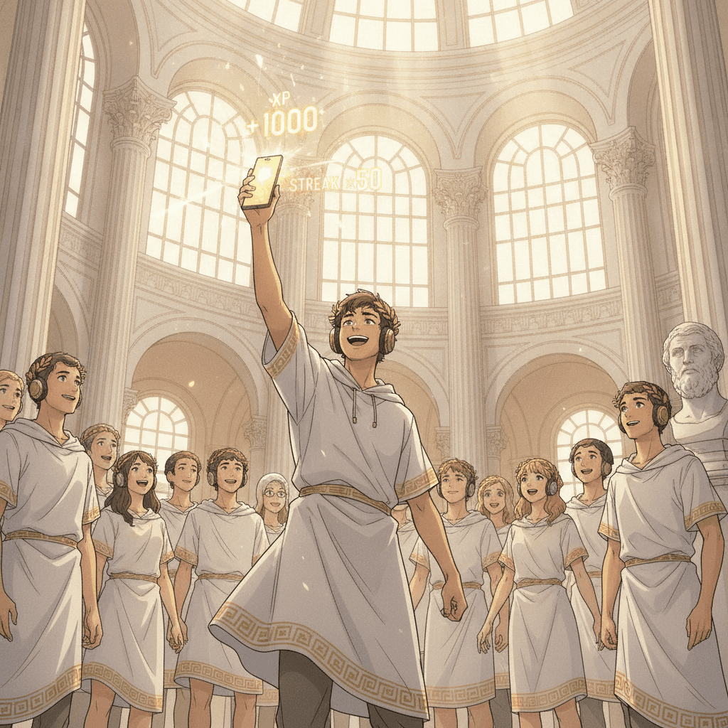 Victorious student raising a smartphone high with golden sparks bursting while XP and streak counters glow and classmates in toga hoodies celebrate under marble columns