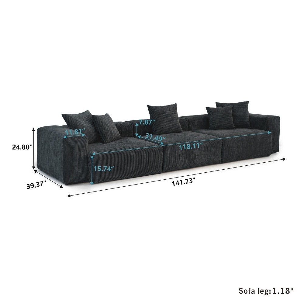 Elegant black corduroy couch with a spacious design and matching pillows, ideal for relaxation and comfort.