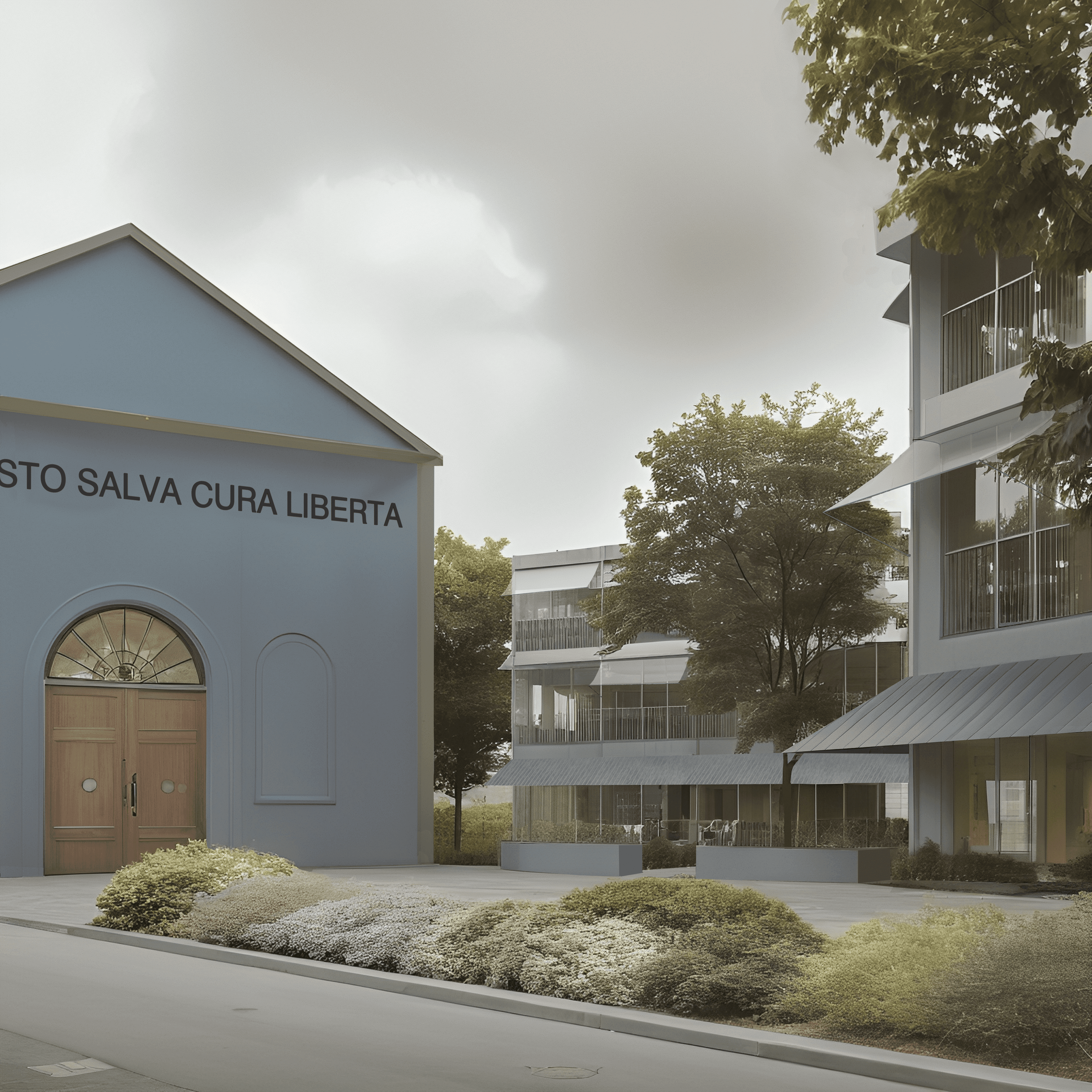 Modern interior with neutral tones, featuring seating areas, wooden floors, and large windows.