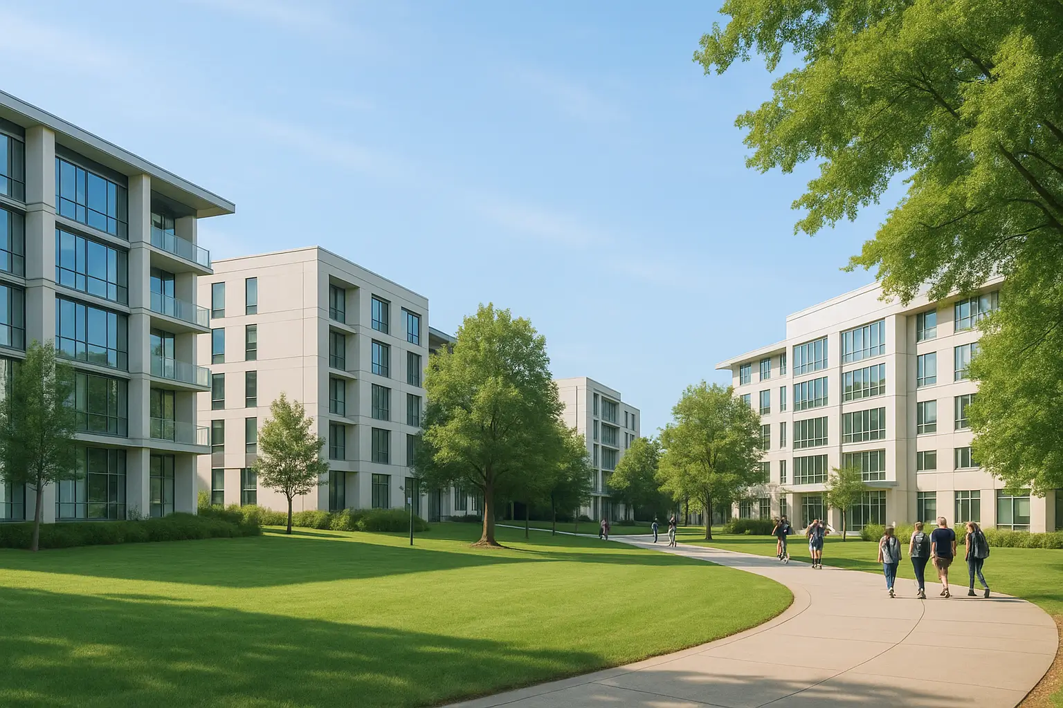 Realistic view of a modern college campus with light-colored dorms, green lawns, and students walking under a sunny sky.