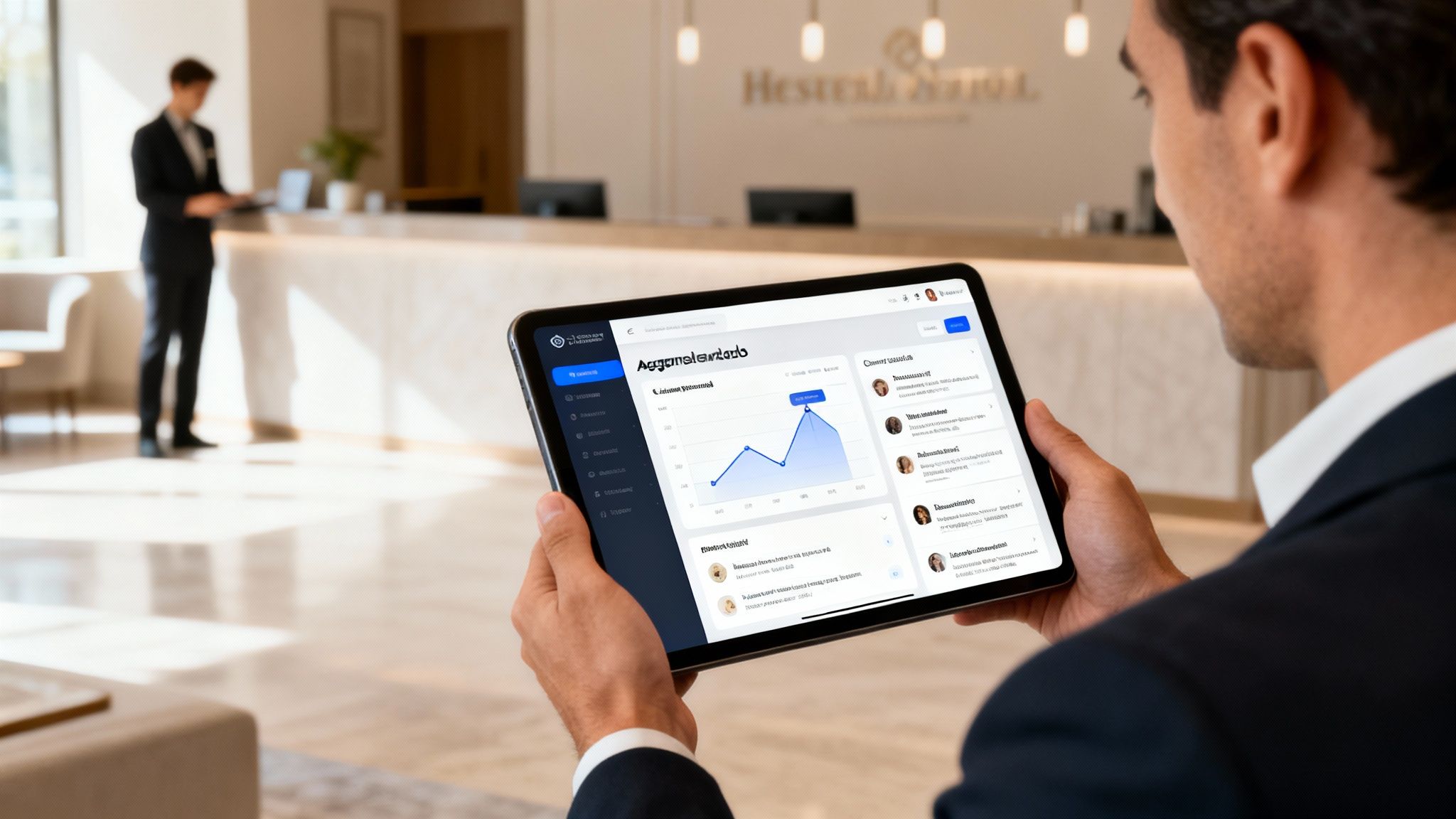 A man in a suit holds a tablet displaying a business dashboard with a graph and profiles in a hotel lobby.