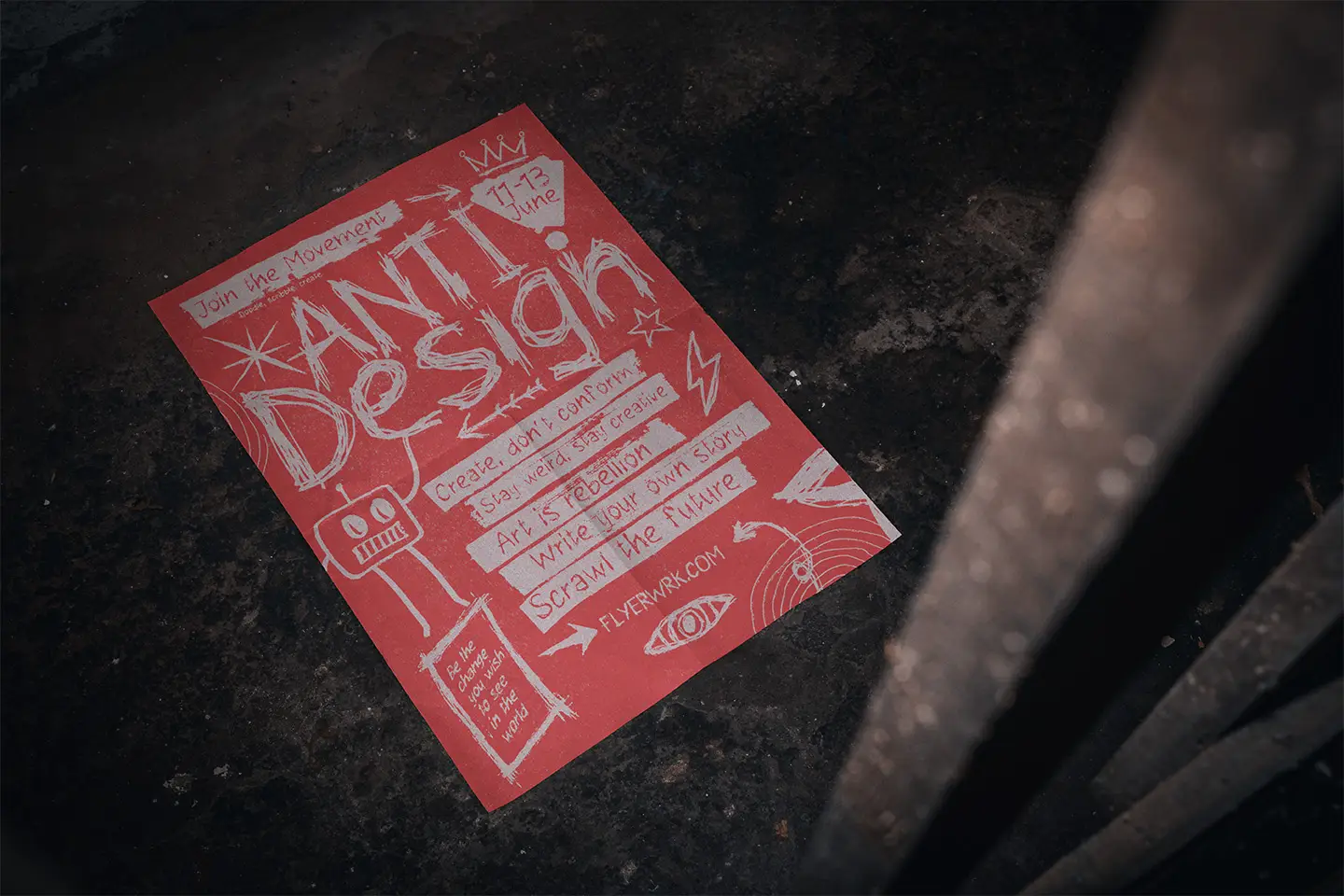 Basement A2 Poster Mockup with a rebellious red gig poster design and realistic spontaneous lighting