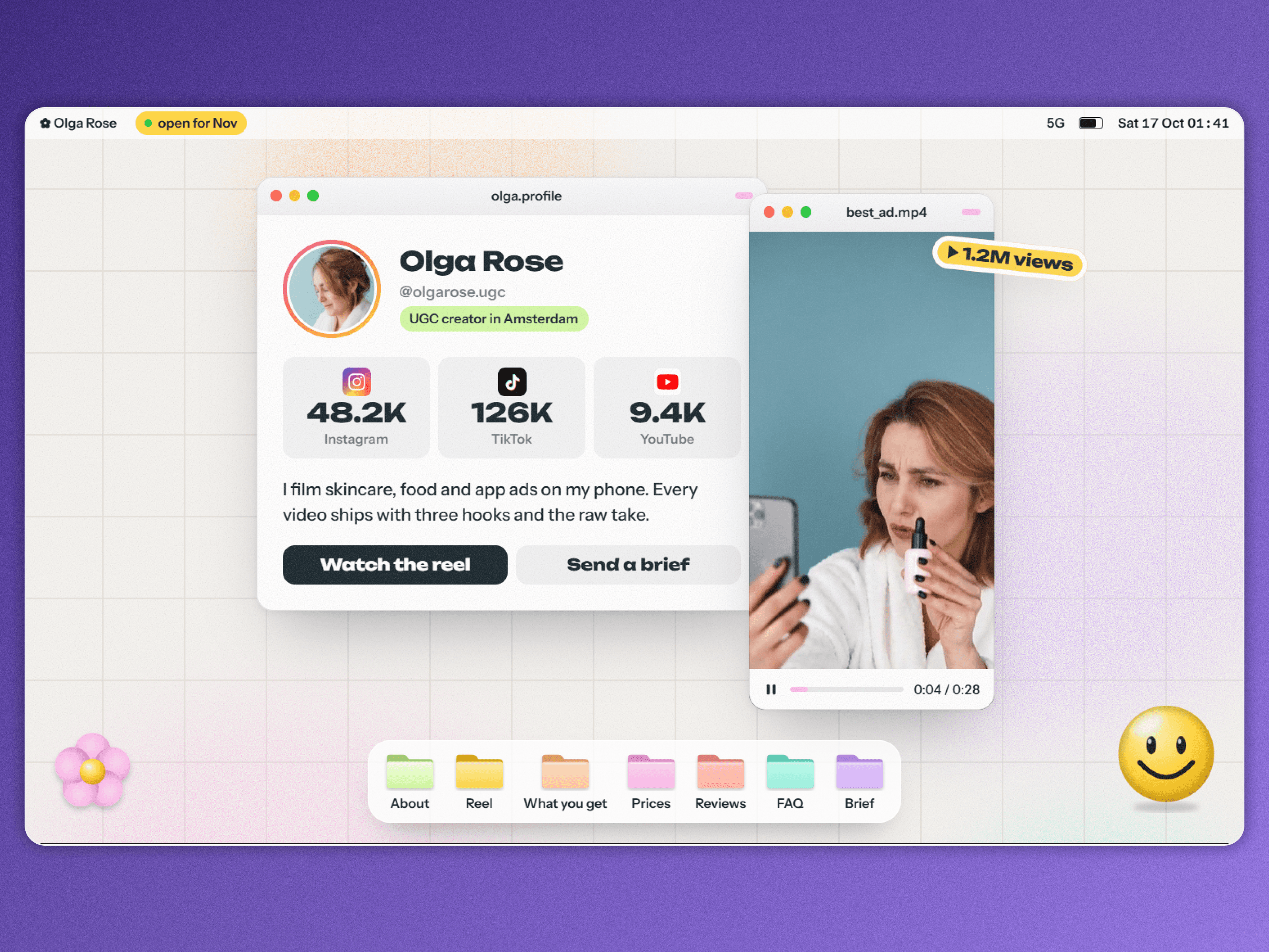 The Homescreen Framer template, a creator portfolio laid out as a desktop with a profile window, a vertical video and a dock of folders