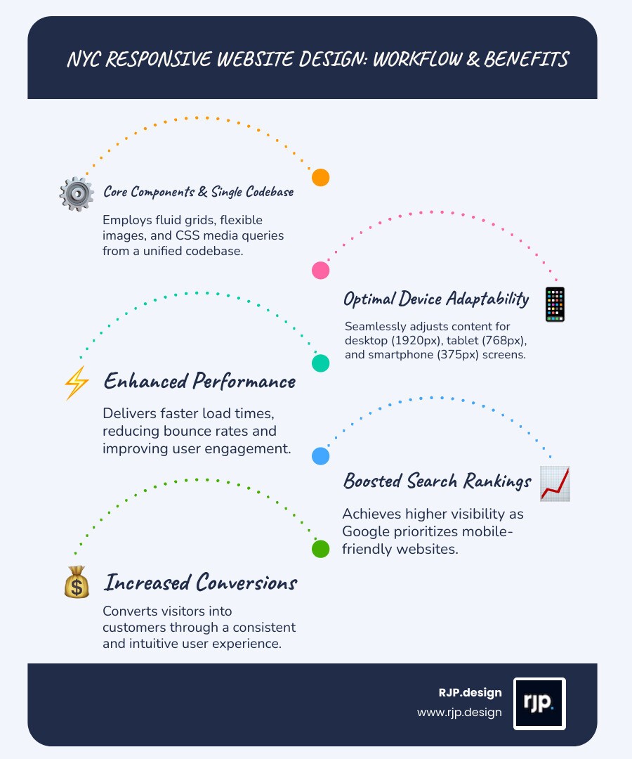 Infographic showing responsive design workflow: a single website codebase adapts through fluid grids, flexible images, and CSS media queries to display optimally on desktop (1920px), tablet (768px), and smartphone (375px) screens, with icons showing faster load times, higher Google rankings, and improved conversion rates for NYC businesses - nyc responsive website design infographic infographic-line-5-steps-blues-accent_colors