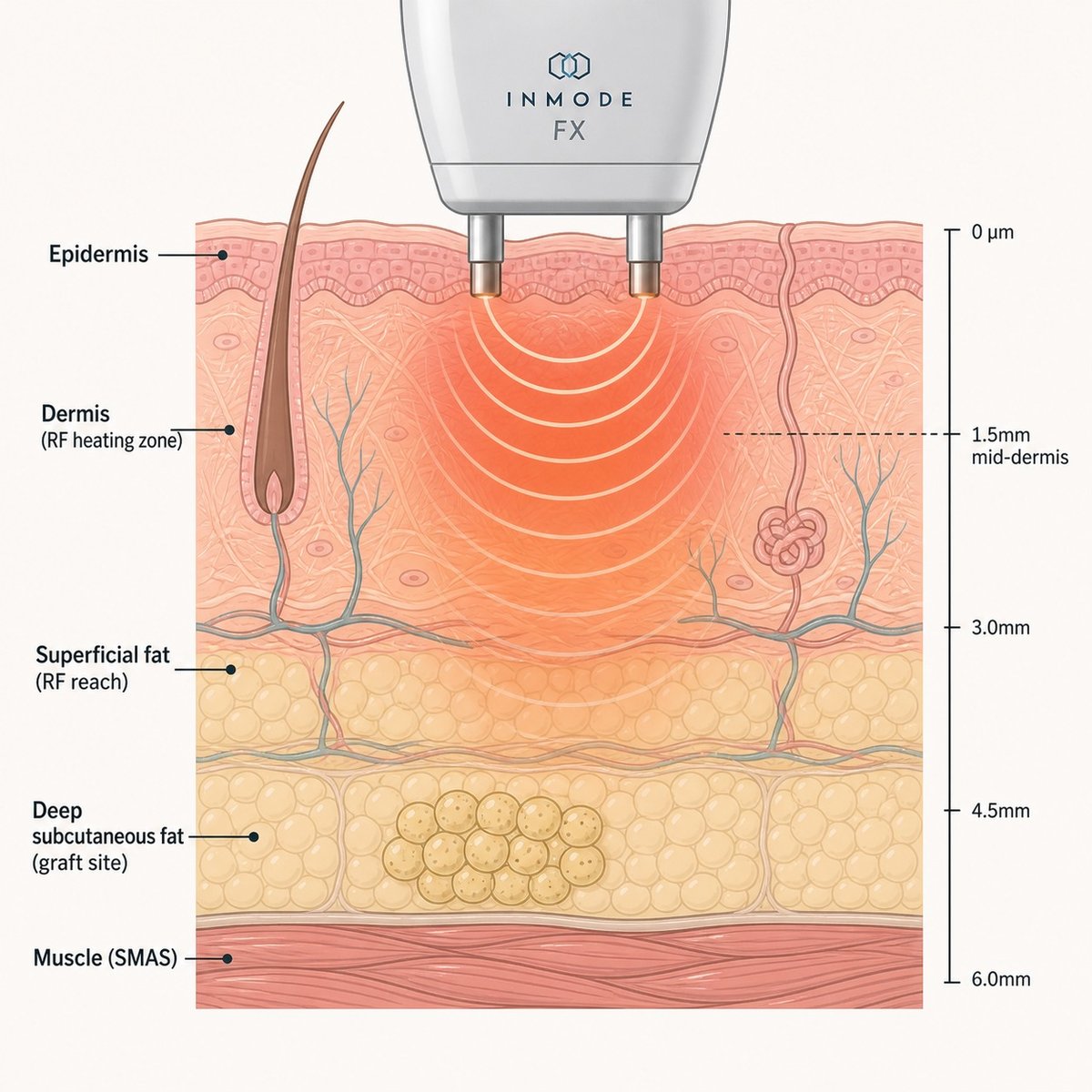 Diagram showing InMode FX RF energy depth relative to transplanted fat graft layer in the face