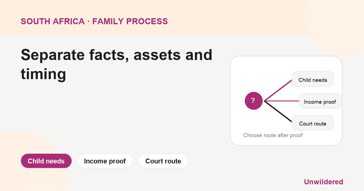 Process diagram for South Africa Child Maintenance: Child needs, Income proof, Court route.