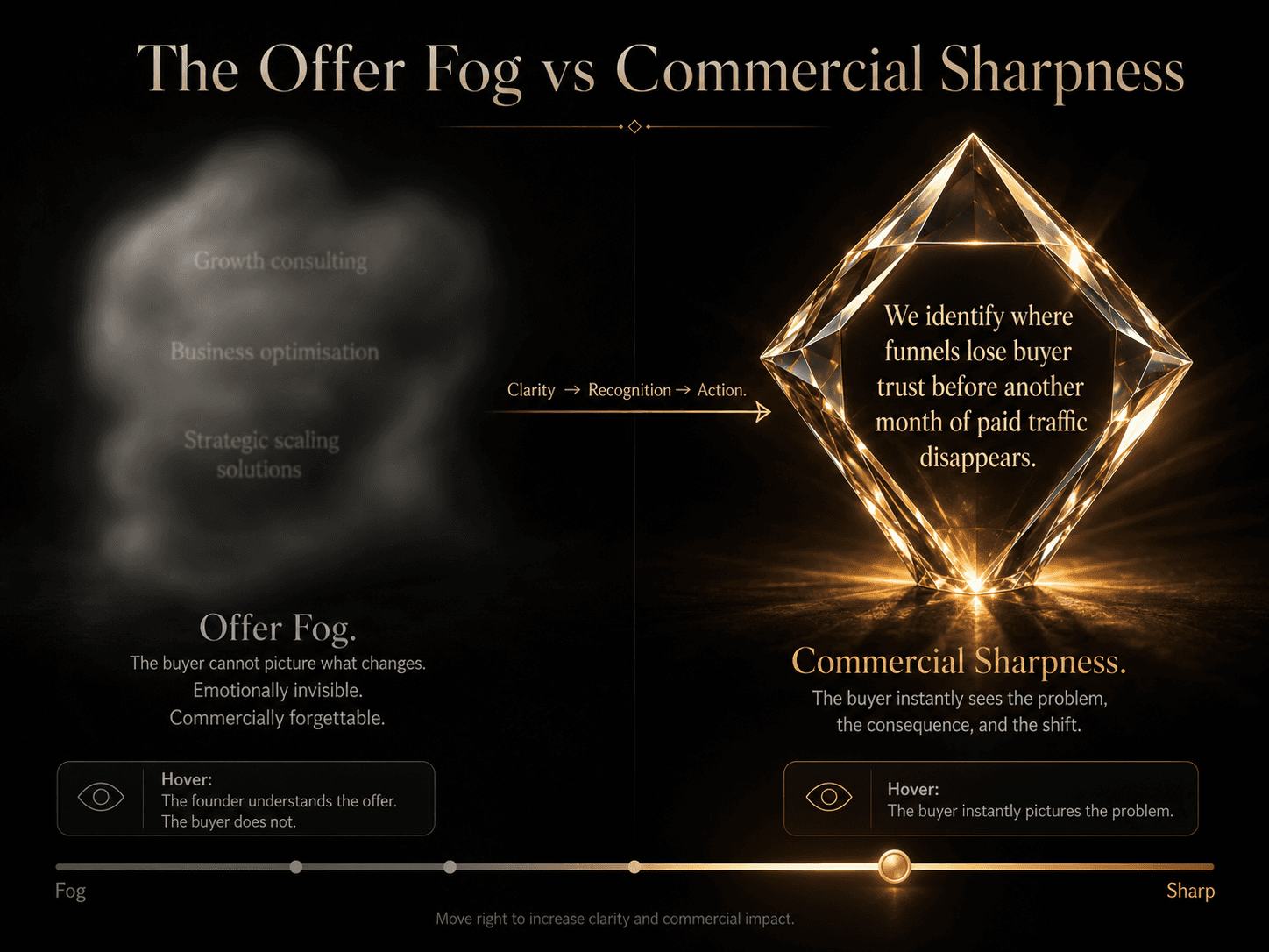“The Offer Fog vs Commercial Sharpness” Concept: A split-screen comparison showing two versions of the same offer.  Left side (Offer Fog): A blurred, out-of-focus shape floating in darkness. Inside the blur, faint, generic text is barely legible: “Growth consulting,” “Business optimisation,” “Strategic scaling solutions.” The shape has no edges, no definition. Label: “Offer Fog. The buyer cannot picture what changes. Emotionally invisible. Commercially forgettable.”  Right side (Sharp Offer): A crystal-clear, geometric diamond or crystal with sharp, defined edges. Inside, precise text glows: “We identify where funnels lose buyer trust before another month of paid traffic disappears.” The crystal refracts light into visible outcomes. Label: “Commercial Sharpness. The buyer instantly sees the problem, the consequence, and the shift.”  A thin arrow points from left to right with the word: “Clarity → Recognition → Action.”  Style: Dark charcoal background. Left side: soft blur, desaturated grey, indistinct. Right side: sharp geometry, warm gold/amber, light refraction, crystal clarity. The contrast is stark but elegant.  Interaction: Hovering the left side reveals: “The founder understands the offer. The buyer does not. This is Offer Fog.” Hovering the right side reveals: “The buyer instantly pictures the problem. This is Commercial Sharpness.” A slider adjusts from “Fog” to “Sharp,” showing the text progressively clarifying.