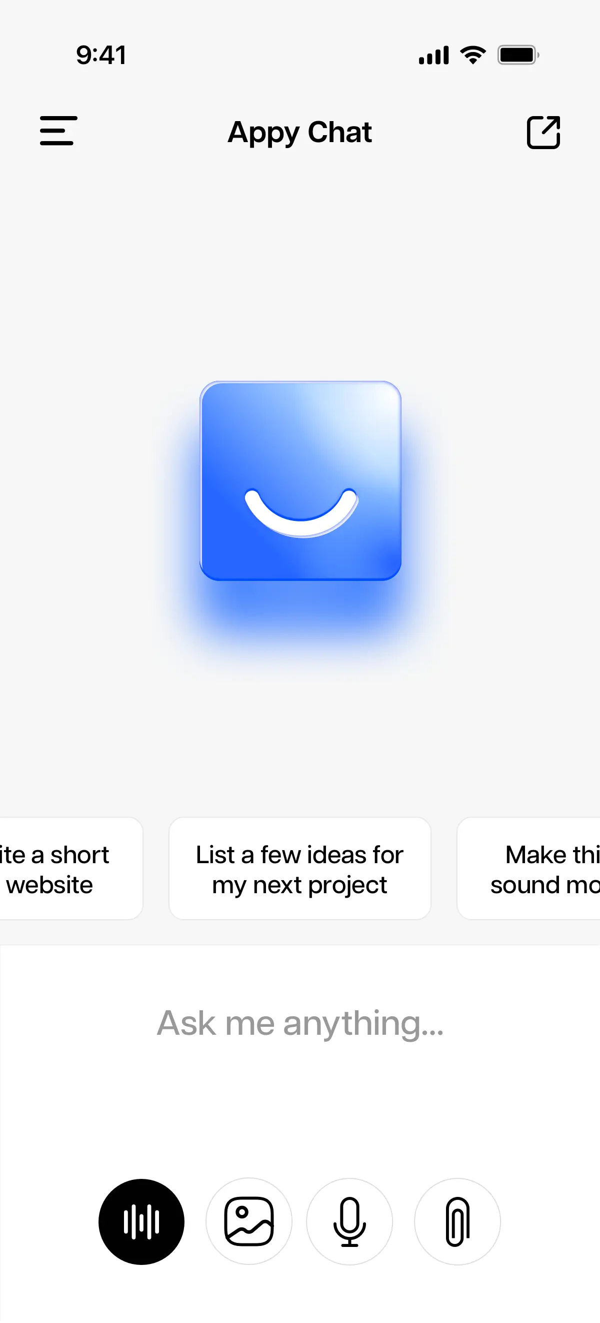 Appy Chat screen with a glowing blue smiling icon in the centre and a text input area below.