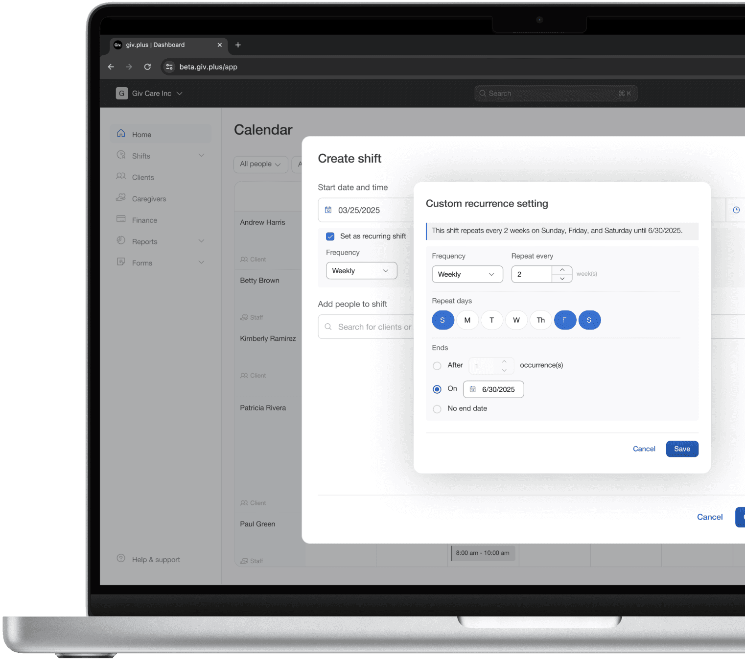 Creating a recurring shift on a computer.