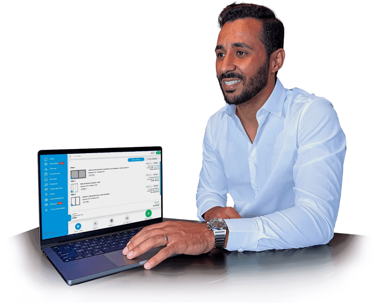 Man in white shirt looking at laptop screen with an open app.
