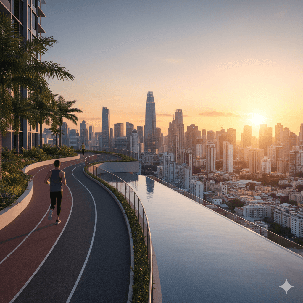 Rooftop jogging track with city skyline at M3M Mystique Low Rise Floors, Sector 61, Gurugram