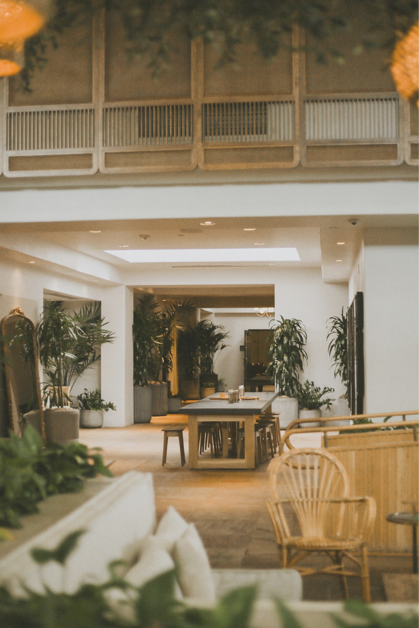 Bright, plant-filled interior common area with a long dining table, rattan chairs, and a mezzanine level above