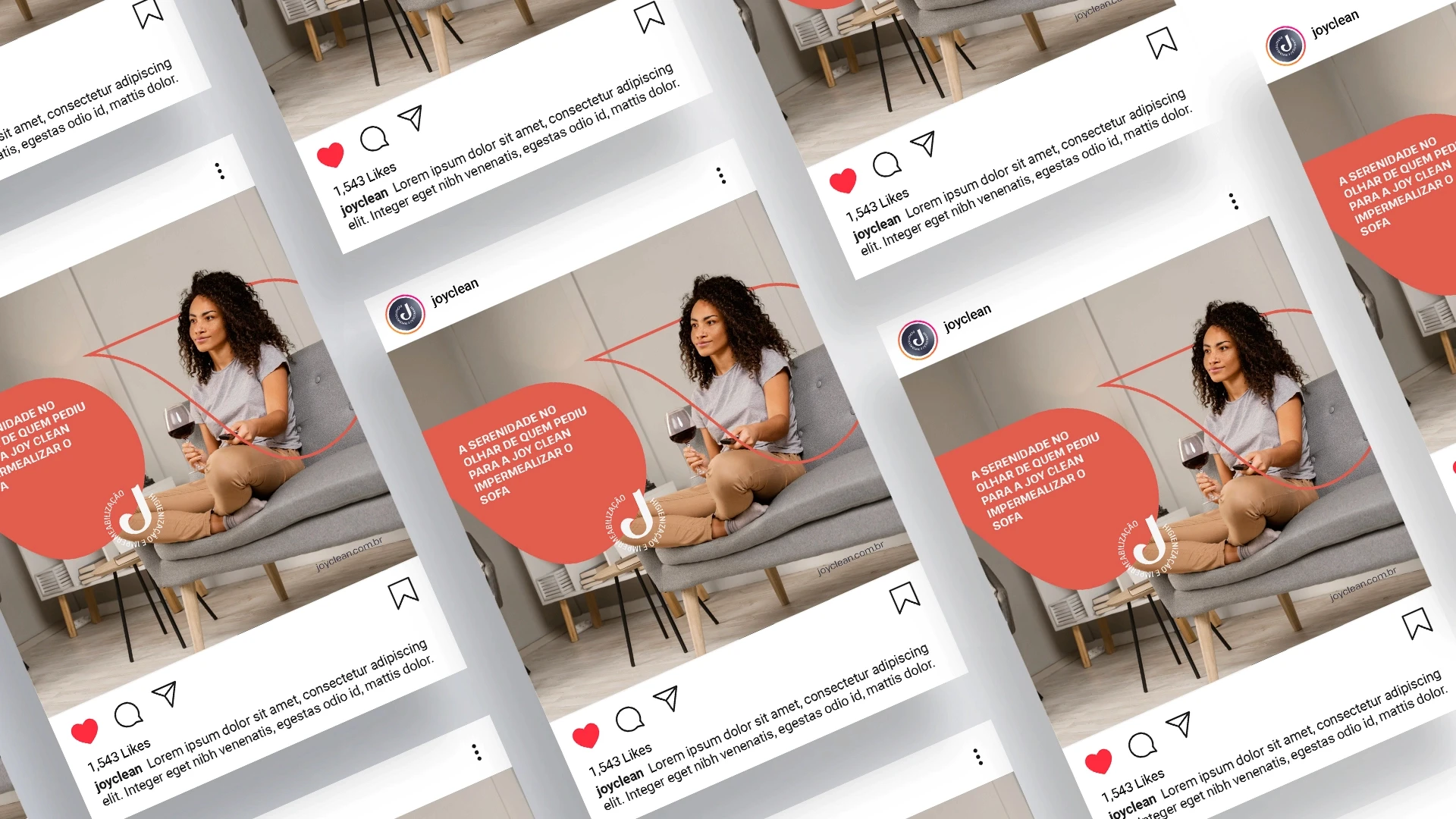 Mockup em perspectiva de feed do Instagram mostrando postagem com uma mulher relaxando em uma poltrona cinza com taça de vinho e o texto 'A serenidade no olhar de quem pediu para a Joy Clean impermeabilizar o sofá'.