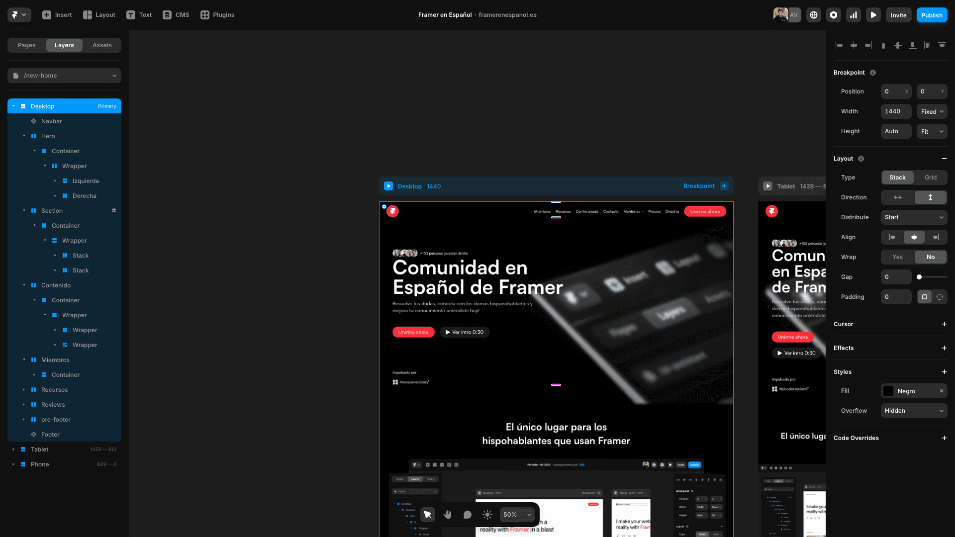 Captura de pantalla del Panel de Capas de Framer mostrando la estructura jerárquica de los elementos de un proyecto web