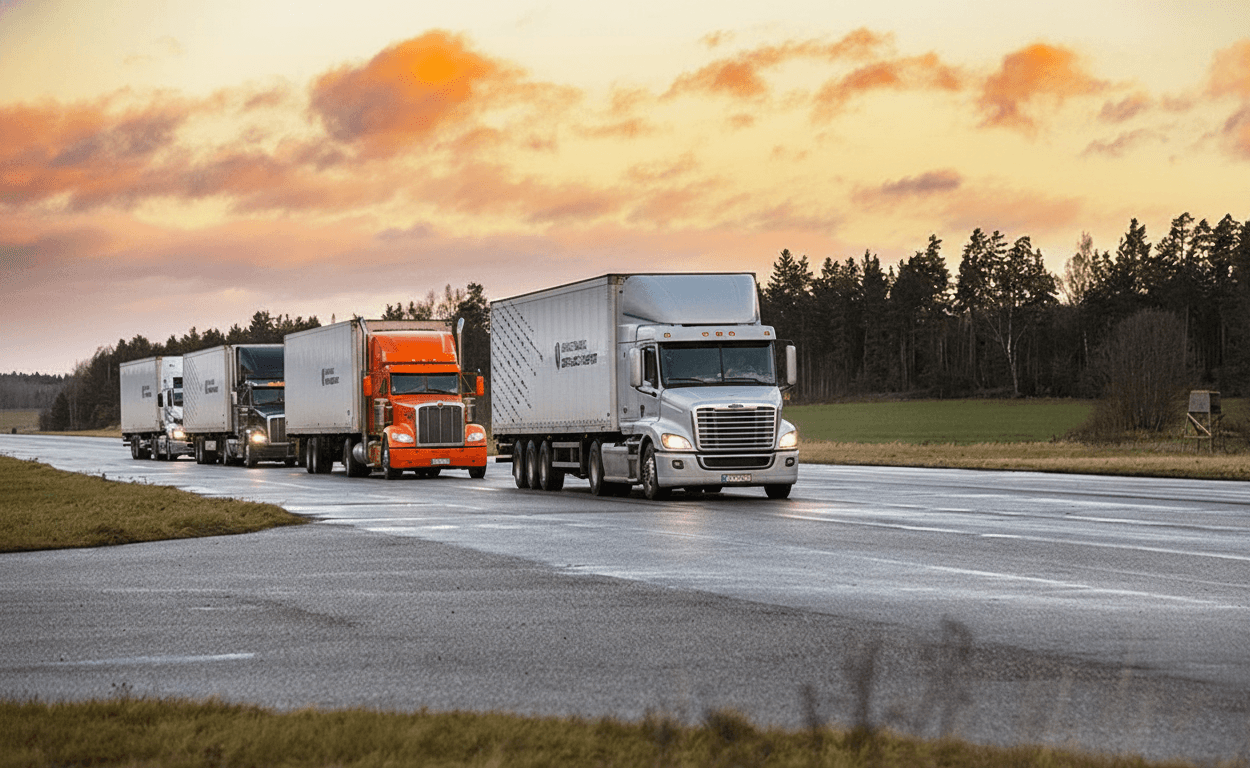 Three semi-trucks driving in close formation on a wet highway during sunset, demonstrating truck platooning technology. The lead truck is white, followed by an orange truck and another white truck with their headlights on. Dense forest lines both sides of the highway under a dramatic cloudy sky with orange and pink hues.