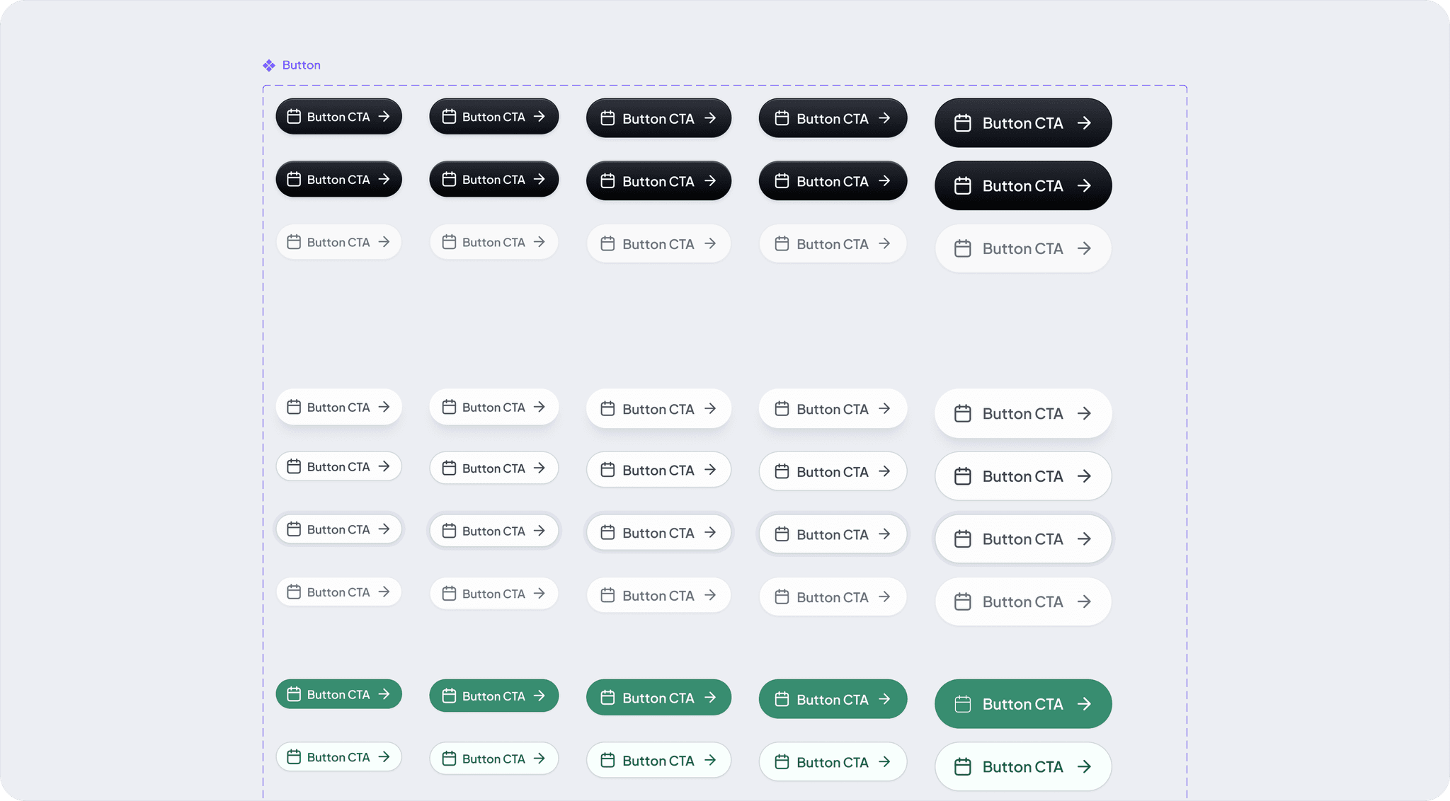 UI design set showing multiple button CTA styles in black, white, and green variations with icons and text.