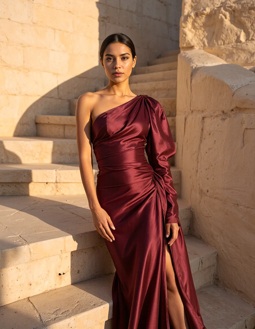 Luxurious burgundy one-shoulder silk gown with elegant draping photographed against ancient stone stairs in warm golden sunlight
