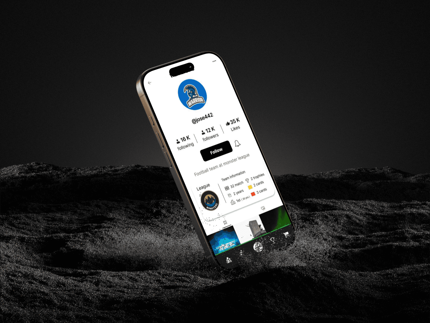 Mobile soccer app UI design showing match tracking and team management features