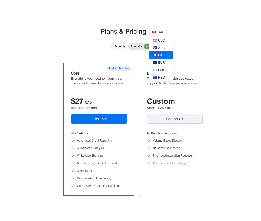 Billing page currency selector