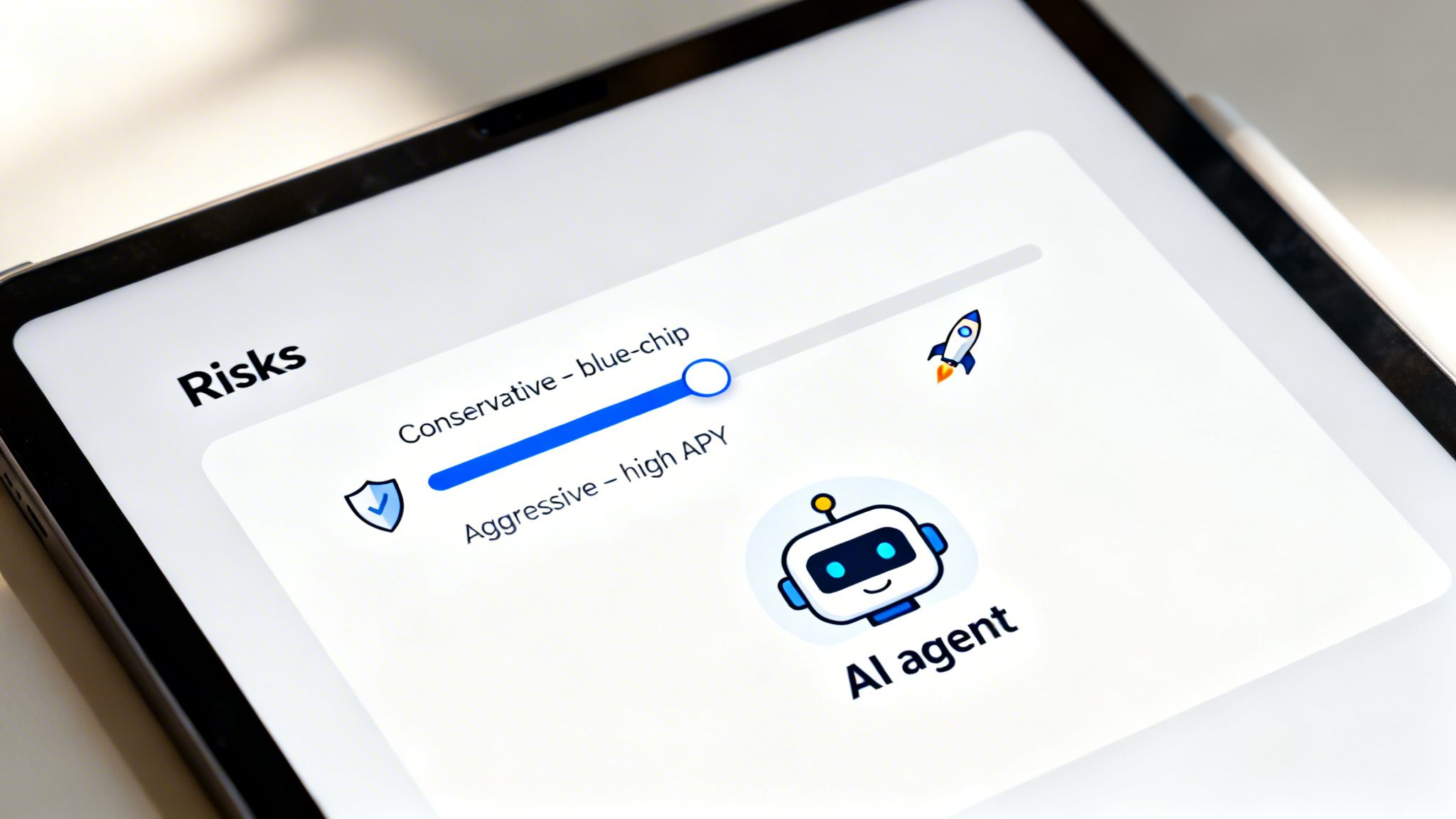 A tablet displays a financial risk management interface with a slider from conservative to aggressive, featuring an AI agent.