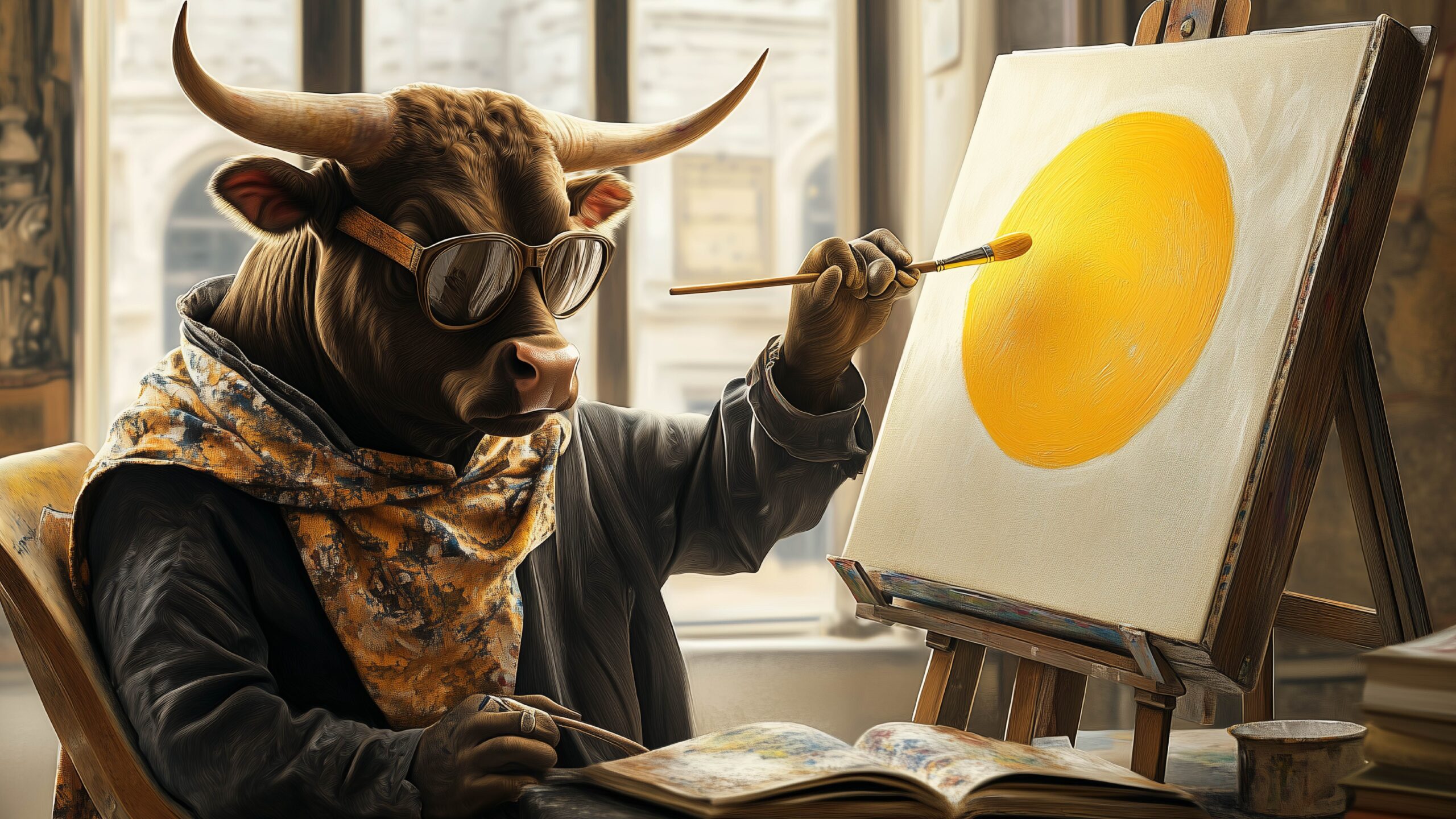 Potomac Bull painting a yellow dot on a canvas. 