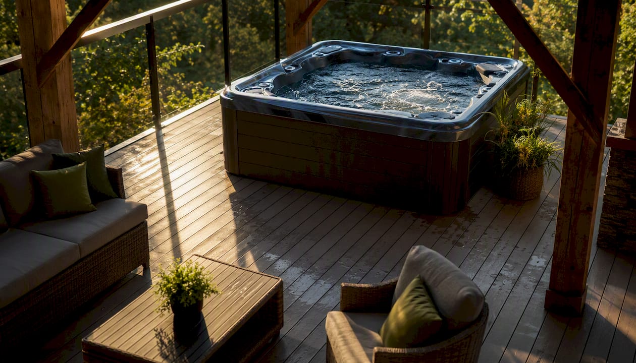 Hot tub positioned in corner of outdoor deck