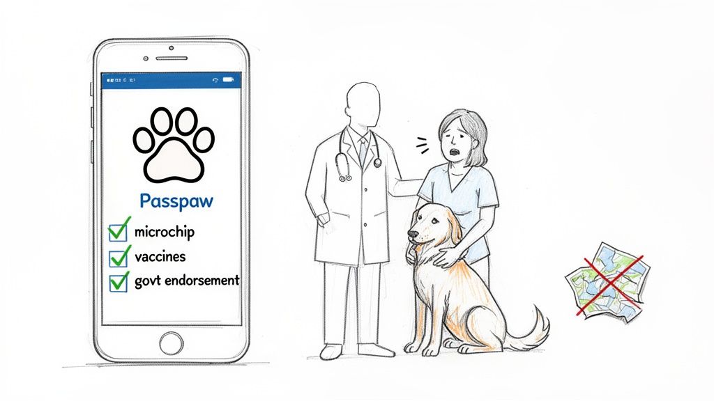 Digital pet health pass on a phone screen, with vet, owner, and dog, easing international travel concerns.