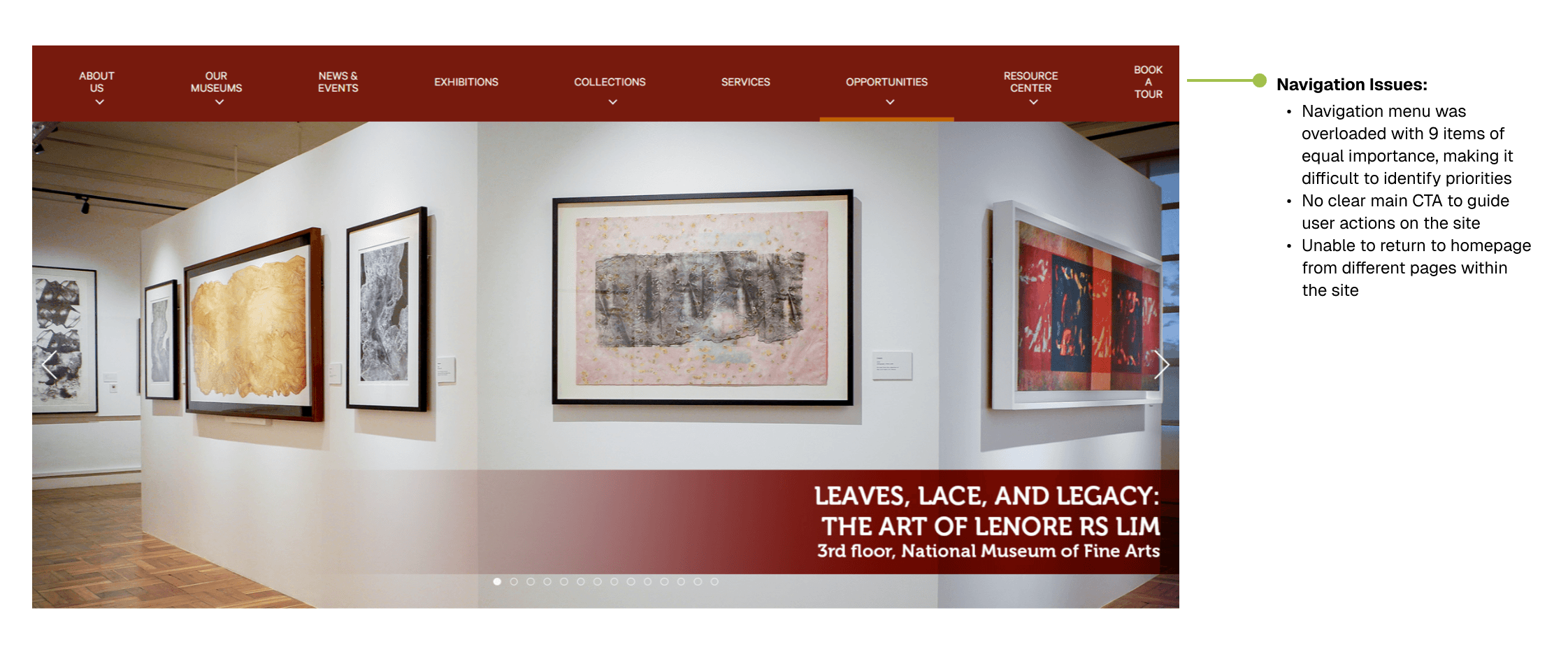 Museum website homepage displaying the "Leaves, Lace, and Legacy: The Art of Lenore RS Lim" exhibition with navigation issues annotated on the right side.
