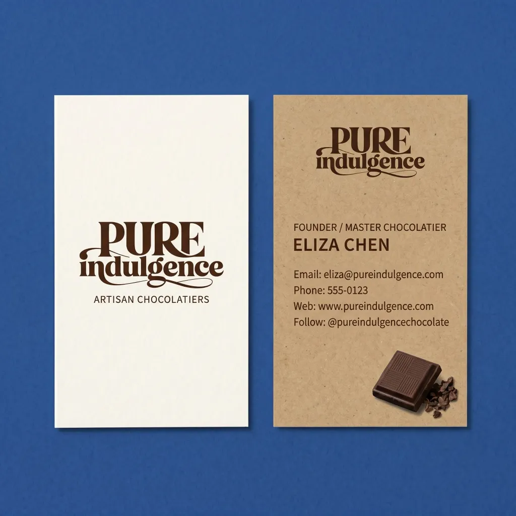 Sophisticated vertical branding card featuring serif typography and chocolate-themed imagery. By a branding expert.