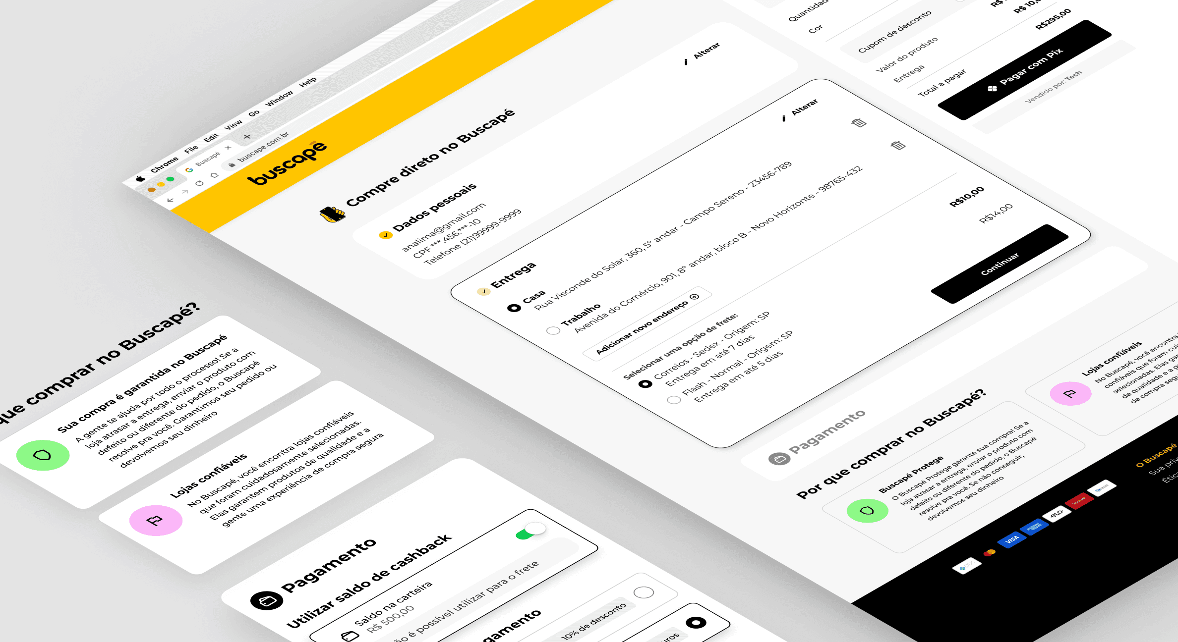 Página de checkout Buscapé com chamada para ação para compras diretas. A imagem apresenta os benefícios da plataforma, como pagamento seguro e cashback