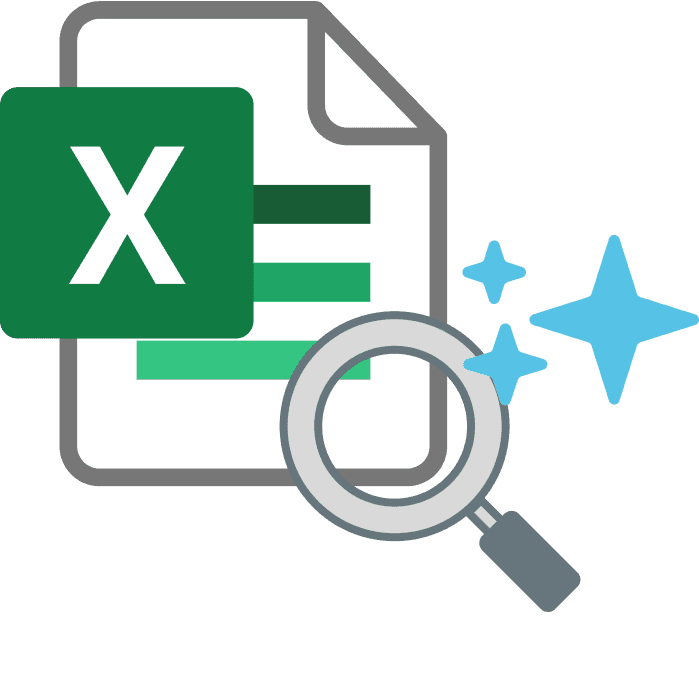 Symbol, das ein Dokument mit dem Excel-Logo, einer Lupe und blauen Sternen zeigt und auf Datenanalyse und Tabellenprüfung hinweist.