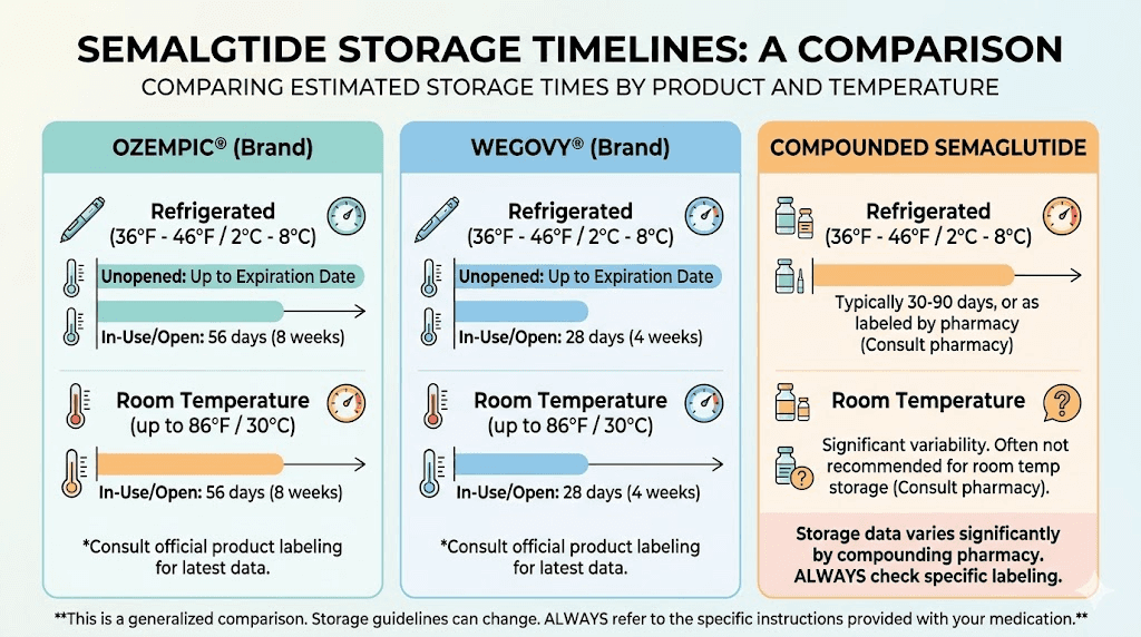 Semaglutide storage comparison chart for Ozempic Wegovy and compounded forms