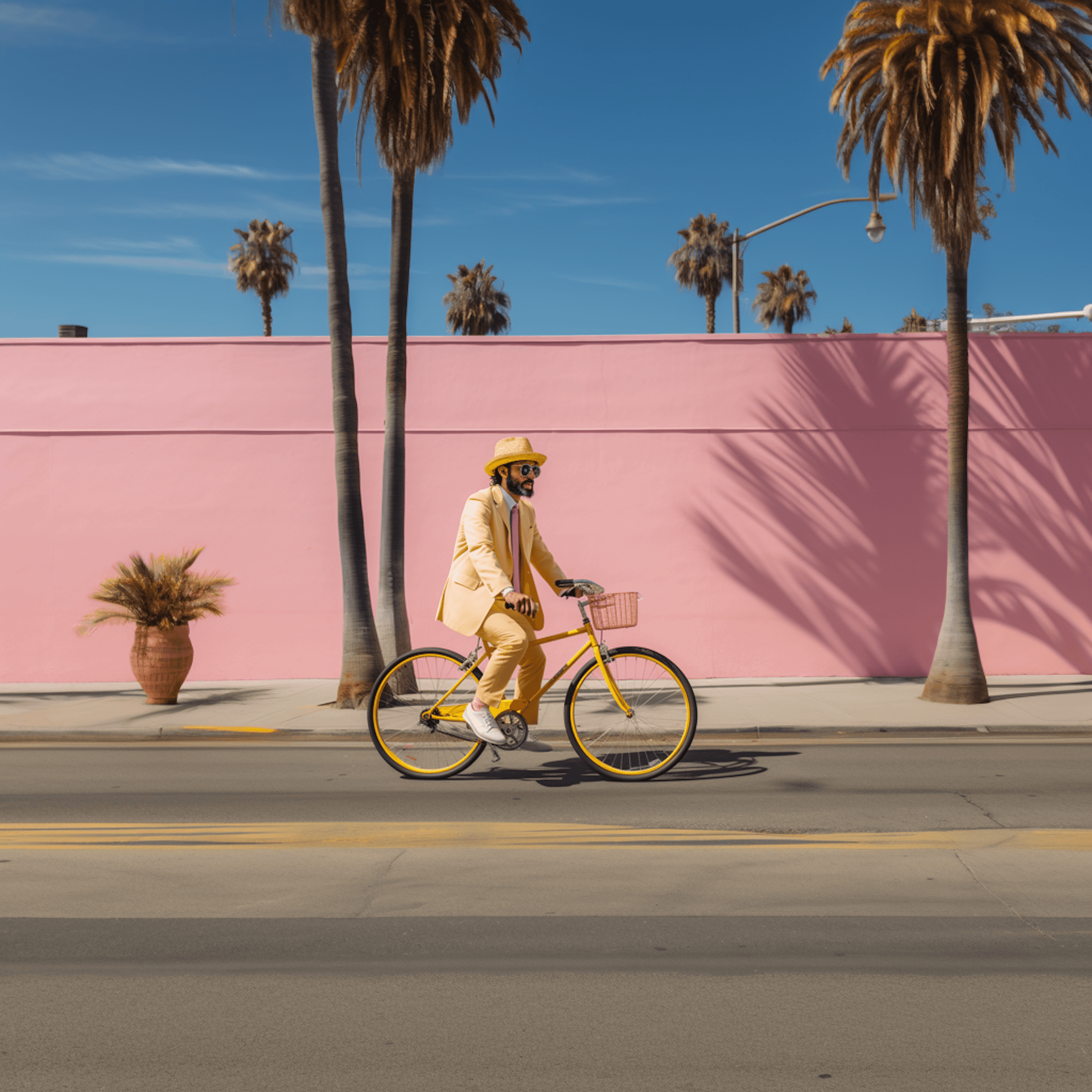 Stylish man in a pastel yellow suit rides a yellow bike past a pink wall with palm trees. Vibrant and sunny street scene.